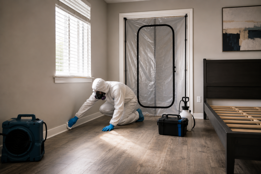Biohazard remediation technician cleaning a residential bedroom in Plano, TX.