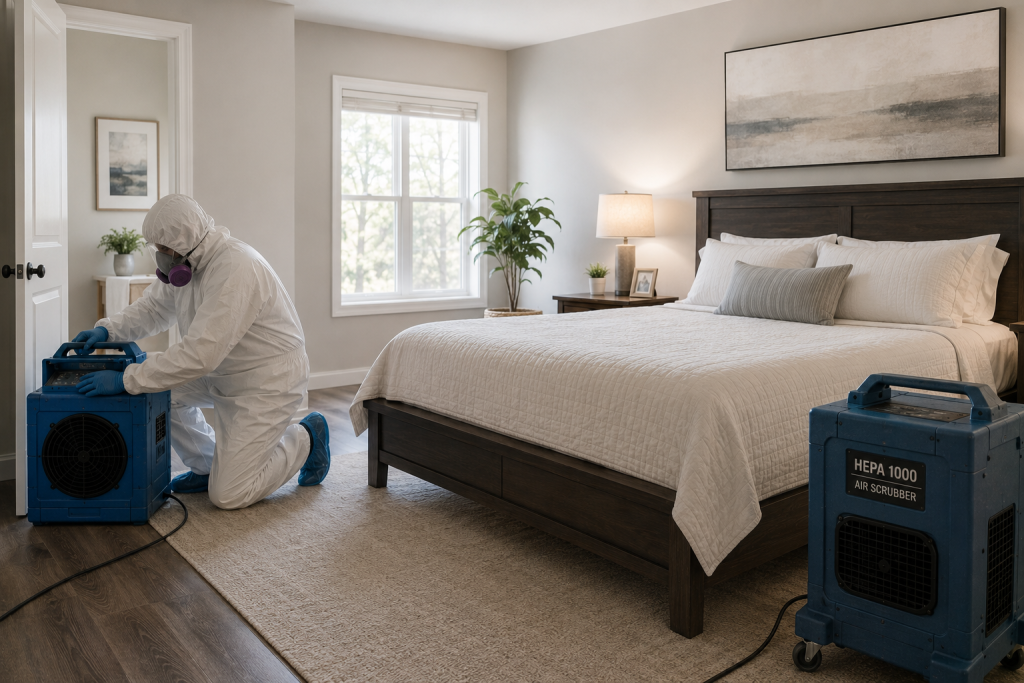 Suicide cleanup technician preparing a North Richland Hills, Texas home for biohazard remediation.